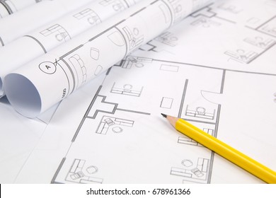 Architectural plan. Engineering house drawings, pancil and blueprints.