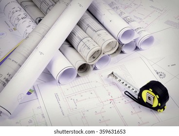 Architectural Plans Old Paper Tracing Paper: foto de stock (editar