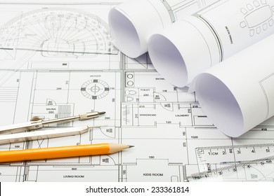 Architectural plans, pencil and ruler
