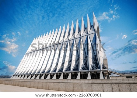 Architectural spires of the Cadet Chapel reach towards the Colorado sky at the Academy in Colorado Springs.