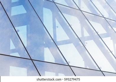 Architecture abstract background. Glass curtain walls. Fasteners elements of spider glass system. Facade detail