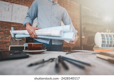architecture, architect, construction, engineer, project, design, blueprint, house, model, plan. engineer holding paperwork blueprint roll and holding helmet opposite side. with in front of 3D model.