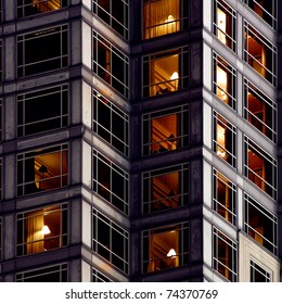 Architecture Background Of Apartment In Outside In Night.