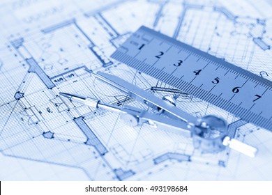 architecture blueprint -  house plan, compass, ruler - Powered by Shutterstock