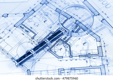 Architecture Blueprint House Plans Magnifying Glass Stock Photo ...