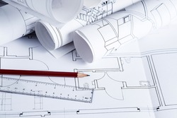 Architecture blueprints with pencil and ruler, an Industrial Photo by atm2003
