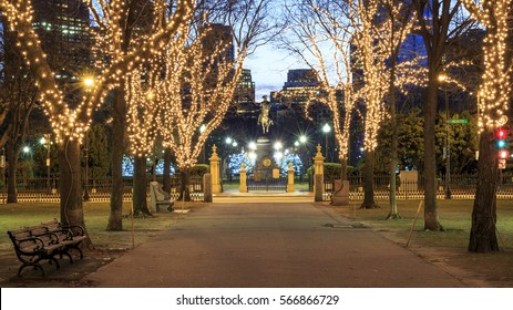 The Architecture Of Boston In Massachusetts, USA At Night Showcasing The Christmas Lights At Boston Commons And Boston Public Garden At Sunrise.