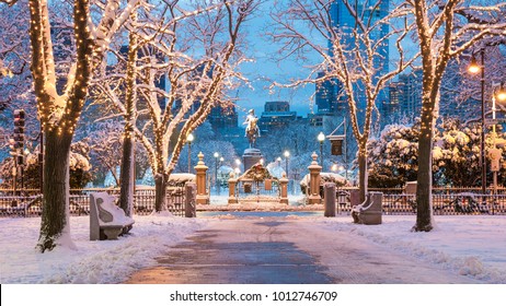 The architecture of Boston in Massachusetts, USA in the winter season showcasing the Boston Public Garden at Back Bay. - Powered by Shutterstock