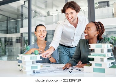 Architecture, building engineering or designers and 3d model, construction or real estate structure ideas in teamwork collaboration. Smile, happy or blueprint planning for talking property developers - Powered by Shutterstock