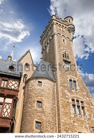 Architecture, building and history of Germany, temple or arcade in outdoor environment. Traditional castle, museum and artistic walls in landscape clouds, blue sky and rocks or marble for design