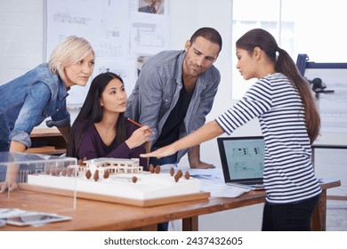 Architecture, building and model with developer team in office together for meeting or planning. Collaboration, construction or creative with man and woman architect group in workplace for design