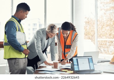 Architecture, collaboration and planning with people and blueprint in office for construction, design and building. Teamwork, review and meeting with group for project management, goal or engineering - Powered by Shutterstock