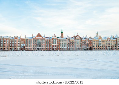 Architecture Of Color Houses On Bruges Embankment In Winter In Yoshkar-Ola, Russia.