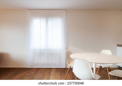 Architecture, comfortable apartment, dining table and chairs white