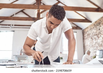 Architecture, Compass And Designer Engineering An Office Building, Floor Plan And Development Project Blueprint Alone. Civil Engineer Working And Drawing A Creative Sketch Model In A Portrait