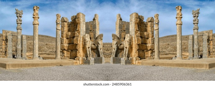 The architecture and design elements are part of the Persepolis, the ceremonial capital of the Achaemenid Empire in ancient Persia, located in present-day Iran.