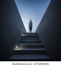 Architecture details of concrete staircase brutalist style in the evening light or twilight time