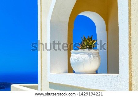 Architecture details of white buildings in Santorini island, Greece