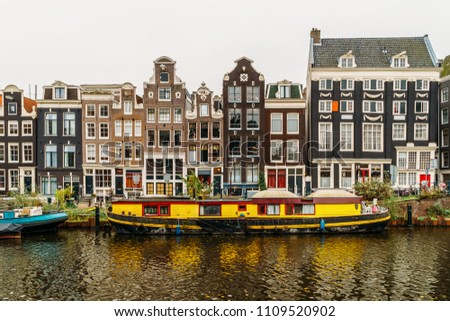 Image, Stock Photo Architecture Of Dutch Houses Facade and Houseboats On Amsterdam Canal