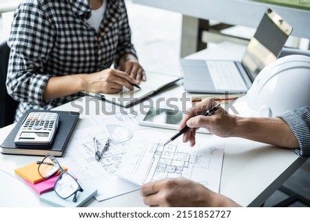 Architecture Engineer Teamwork Meeting, Drawing and working for architectural project and engineering tools on workplace, concept of work on technical drawings.