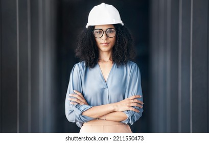 Architecture, Engineering And Black Woman Leader Portrait At Construction Site, Industrial Building Or Property Development. Pride, Vision And Motivation Of Female Contractor Manager In Safety Helmet