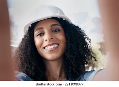 Architecture, Engineering And Black Woman Selfie Portrait Construction Site, Industrial Building Manager And Property Development. Happy Face Pov, Smile And Female Contractor Leader In Safety Helmet