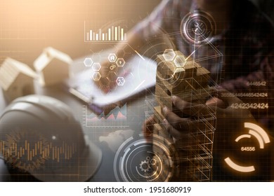 Architecture Engineering Civil Project Modern Smart Technology Close Up Jenga Building Blocks Planning Blueprint Design Construction Work In Office Futuristic Graphic Icon Concept Digital Background