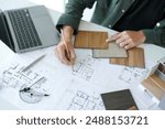 Architecture interior Man Creative project plan designer home and Choose interior materials  drawing interior on blueprint 