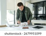 Architecture interior Man Creative project plan designer home and Choose interior materials  drawing interior on blueprint 