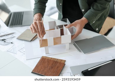 Architecture interior Man Creative project plan designer home and Choose interior materials  drawing interior on blueprint 