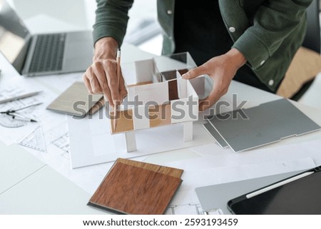 Architecture interior Man Creative project plan designer home and Choose interior materials  drawing interior on blueprint 