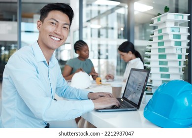 Architecture, Laptop And Portrait Of Businessman In Office And Working On Engineering, Design And Construction Planning. Innovation, Creative And Project Management With Asian Employee With Portfolio