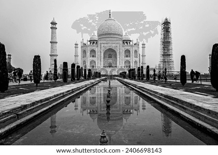 Architecture marvel construction of one of the seven wonders of the world:Tajmahal. Black and White photograph without crowd.