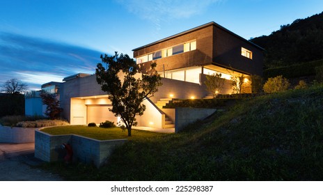 Architecture Modern Design, Beautiful House, Night Scene