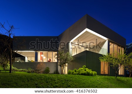 Architecture modern design, concrete house, night scene