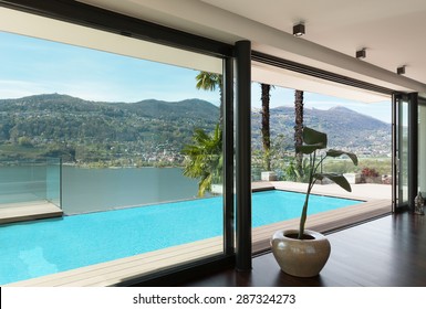 architecture, modern house, pool view from the living room
