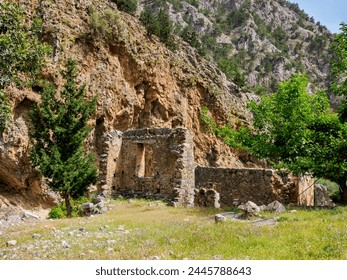 Architecture of Palea Agia Roumeli, southern way out of the Samaria Gorge, Chania Region, Crete, Greek Islands, Greece, Europe