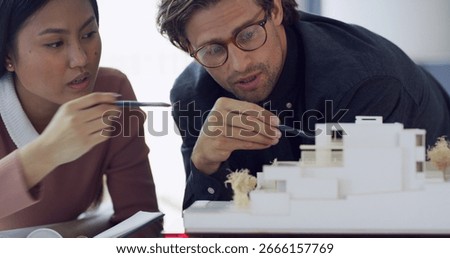 Architecture, planning or teamwork for 3D model of building review in office for construction project. Engineers, prototype design or people in meeting for development, real estate or mini property