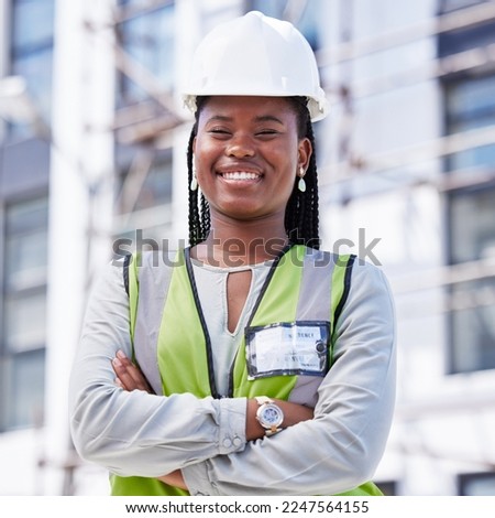 Architecture, project management and portrait of black woman at construction site for civil engineering, designer and building inspection. Industrial, vision and goal with construction worker