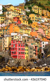 Architecture of Riomaggiore, a village in province of La Spezia, Liguria, Italy. It's one of the lands of Cinque Terre, UNESCO World Heritage Site