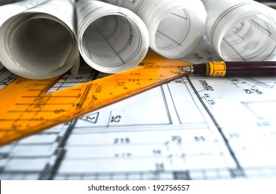Architecture rolls architectural plans project architect blueprints - Shutterstock ID 192756557