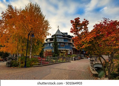 Architecture In Whistler Village During Peak Fall Foliage, BC, Canada