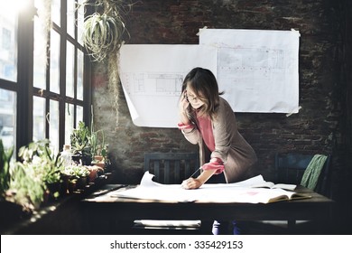 Architecture Woman Working Blue Print Workspace Concept