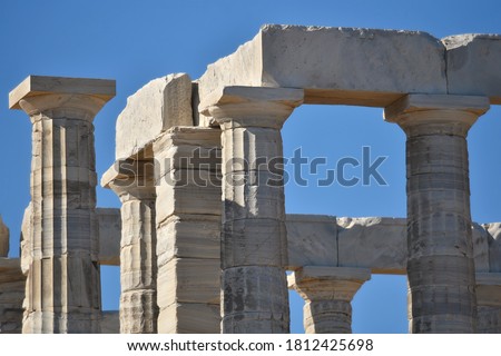 Architrave view of the ancient Greek Doric style  Temple of Poseidon at Cape Sounion, Attica Greece. 