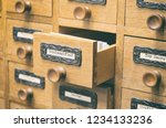 The Archives Card Catalog , old wooden file catalog box, index , database, archive and library concept.