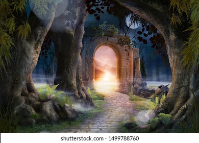 Archway in an enchanted fairy garden landscape, can be used as background