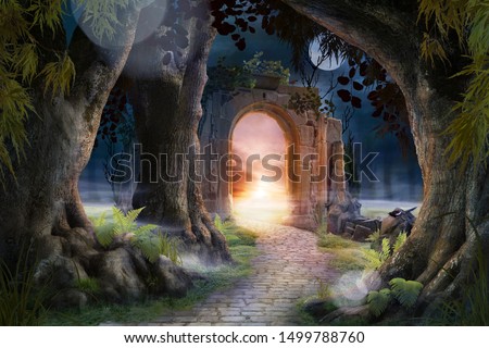 Archway in an enchanted fairy garden landscape, can be used as background