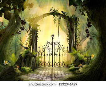 Archway in an enchanted garden Landscape with big old trees