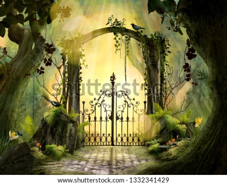 Archway in an enchanted garden Landscape with big old trees