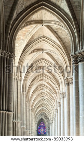Archway in the gothic cathedral of Reims, France